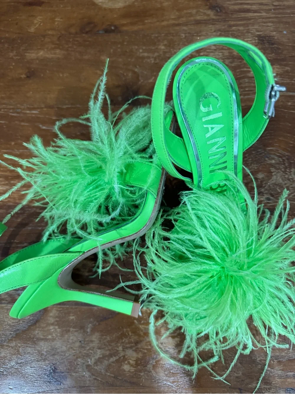 Gianni Bini Neon Green Feather Pom Slingback Heels